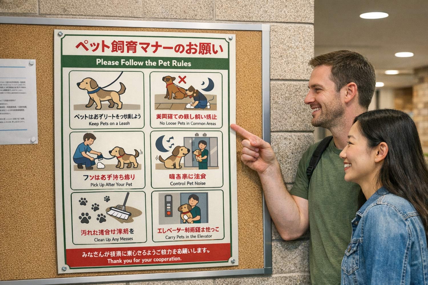 Condominium common area in Japan with pet policy signage
